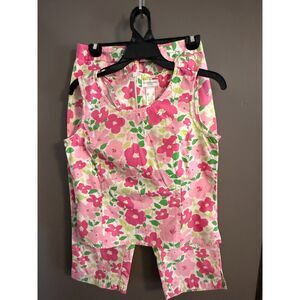 Liz Claiborne Lizsport 2 Piece Floral Top and Pant Set White Pink Green Size 4